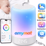 Dispozitiv sunete albe AMYMAT cu lumina de veghe, 8 culori RGB, 32 sunete linistitoare HD, timer, ceas digital, alarma, autonomie 12h, copii si adulti, pentru bebelusi Timer, Ceas digital, Alarma, portabil, alb