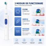 Periuta de Dinti Electrica Amymat P1-ONE, Cap Rotativ 360°, 7.500 Miscari/min, 3 Moduri Clean/Gentle/Massage, 4 Capete de Rezerva cu Peri DuPont, IP67, Acumulator 600 mAh, Autonomie pana la 15 Zile, Incarcare Type-C, Alb/Albastru - imagine 5