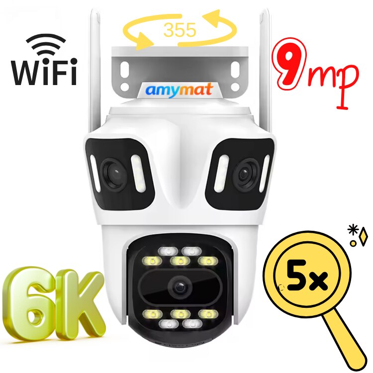 Camera de Supraveghere AMYMAT WiFi PTZ P13, 9MP, 3 Lentile, Zoom 5X, Detectare Umana AI, Auto Tracking, Vedere Nocturna Color, Audio Bidirectional, Ro