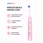 Periuta de dinti electrica pentru copii Amymat, Rotativa, Reincarcabila USB, 7.500 rotatii/min, Timer inteligent 2 minute, IPX7, 4 capete de rezerva, Roz - imagine 2
