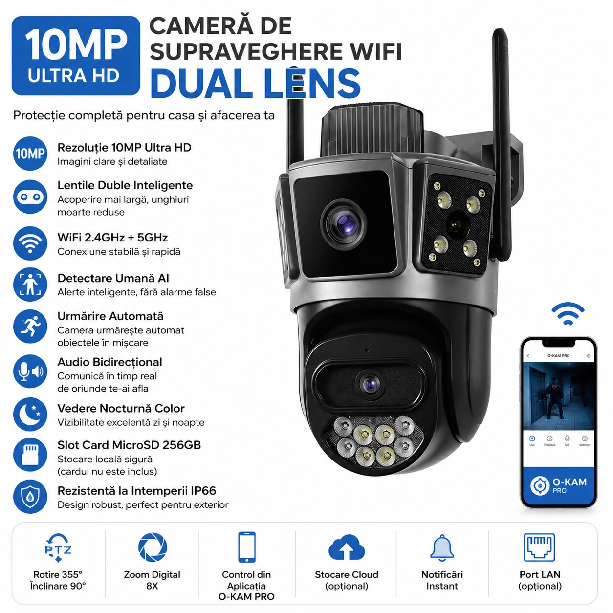 Camera de Supraveghere WiFi Exterior 10MP Dual Lens PTZ, Zoom Inteligent, Detectare Umana AI, Urmarire Automata, Vedere Nocturna Color, Audio Bidirect