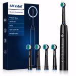 Periuta de dinti electrica sonica Amymat, 40.000 vibratii/min, 5 moduri de periere, Timer inteligent 2 minute, USB reincarcabila, IP67, 4 capete de rezerva, Negru