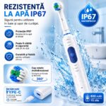 Periuta de Dinti Electrica Amymat P1-ONE, Cap Rotativ 360°, 7.500 Miscari/min, 3 Moduri Clean/Gentle/Massage, 4 Capete de Rezerva cu Peri DuPont, IP67, Acumulator 600 mAh, Autonomie pana la 15 Zile, Incarcare Type-C, Alb/Albastru - imagine 3